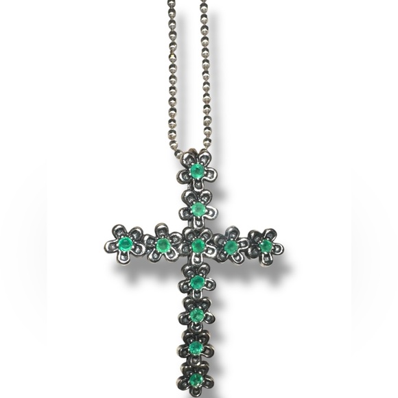 Or Paz Sterling Silver 925 Flower Emerald Cross Pendant UB 18" Chain Israel PZ - Picture 1 of 4